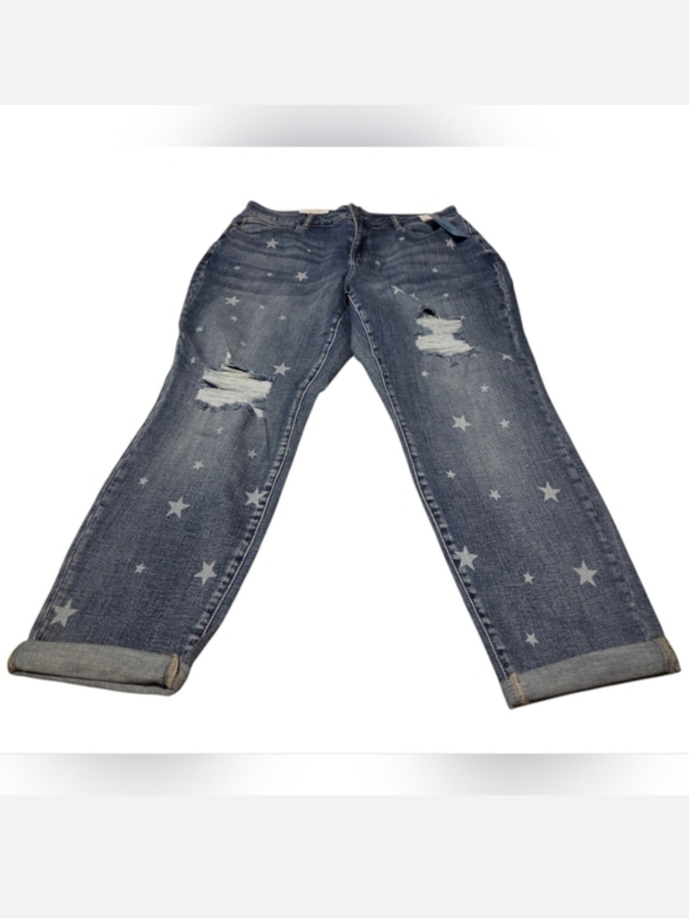 Women’s 18W Star Crossed Distressed Mid-Rise Boyfriend Rolled Hem Jeans